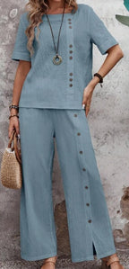 Sarah Express Women's Cotton Button-Down Shirt Pants Two-Piece Suit Set Loose Fit