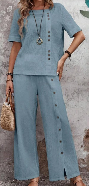 Sarah Express Women's Cotton Button-Down Shirt Pants Two-Piece Suit Set Loose Fit