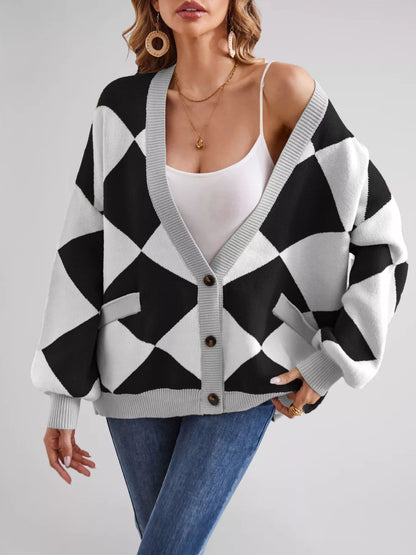 Sarah Express Women's Diamond Pattern Button-Up Knit Cardigan Black And White