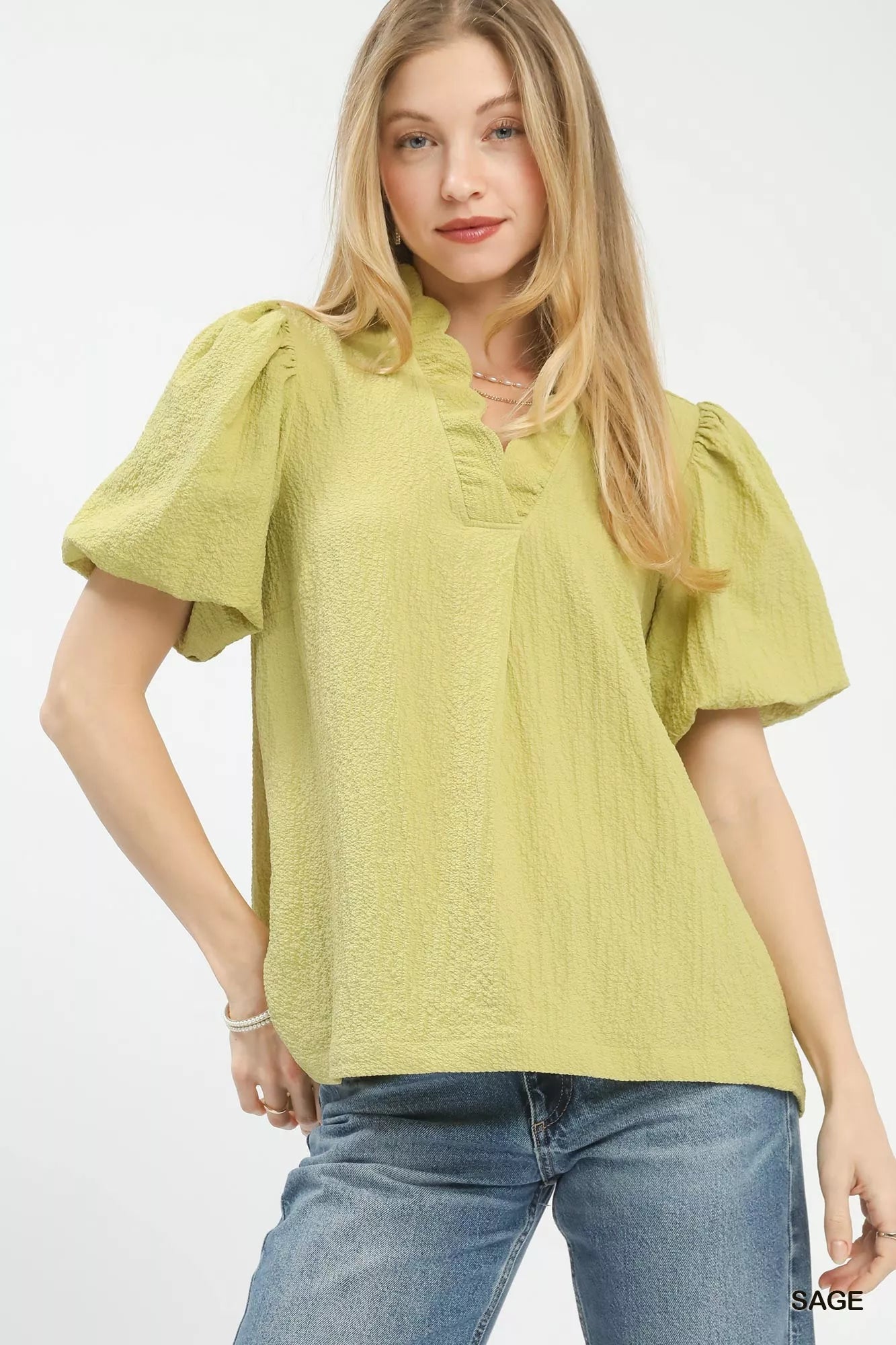 Sarah Express Women's Seersucker Puff Sleeve Blouse - Split V-Neck Top SAGE