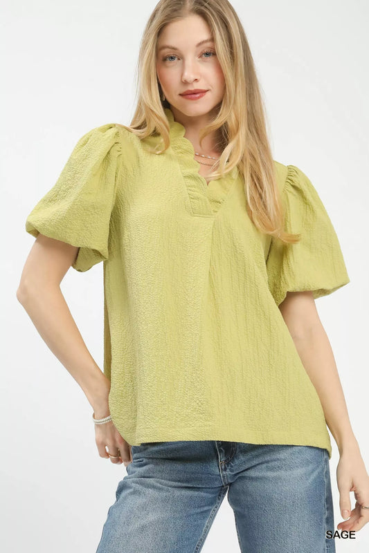 Sarah Express Women's Seersucker Puff Sleeve Blouse - Split V-Neck Top SAGE