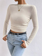 Sarah Express Women's Waffle Knit Long Sleeve T-Shirt - Stretchy Casual Top Beige
