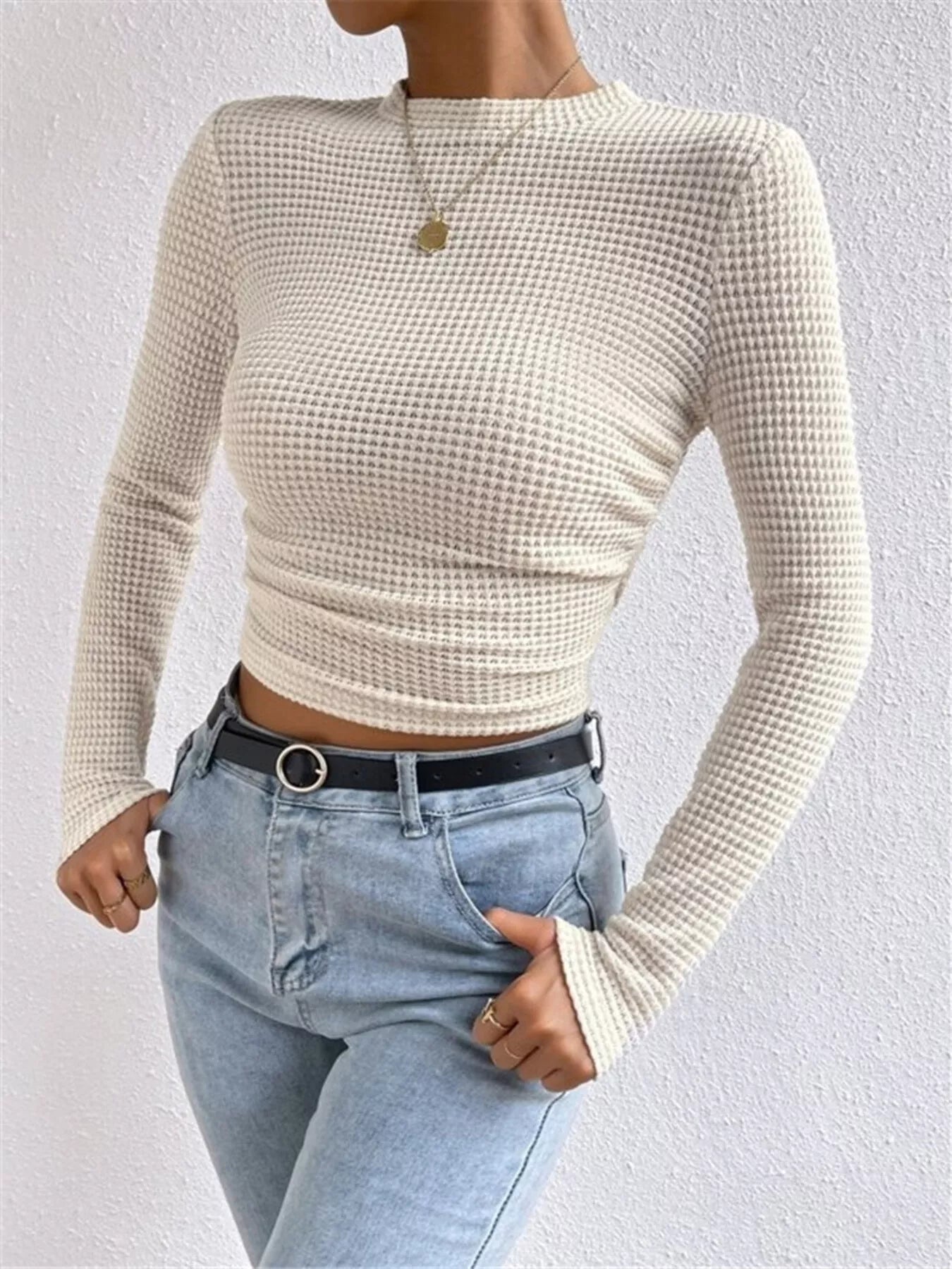 Sarah Express Women's Waffle Knit Long Sleeve T-Shirt - Stretchy Casual Top Beige