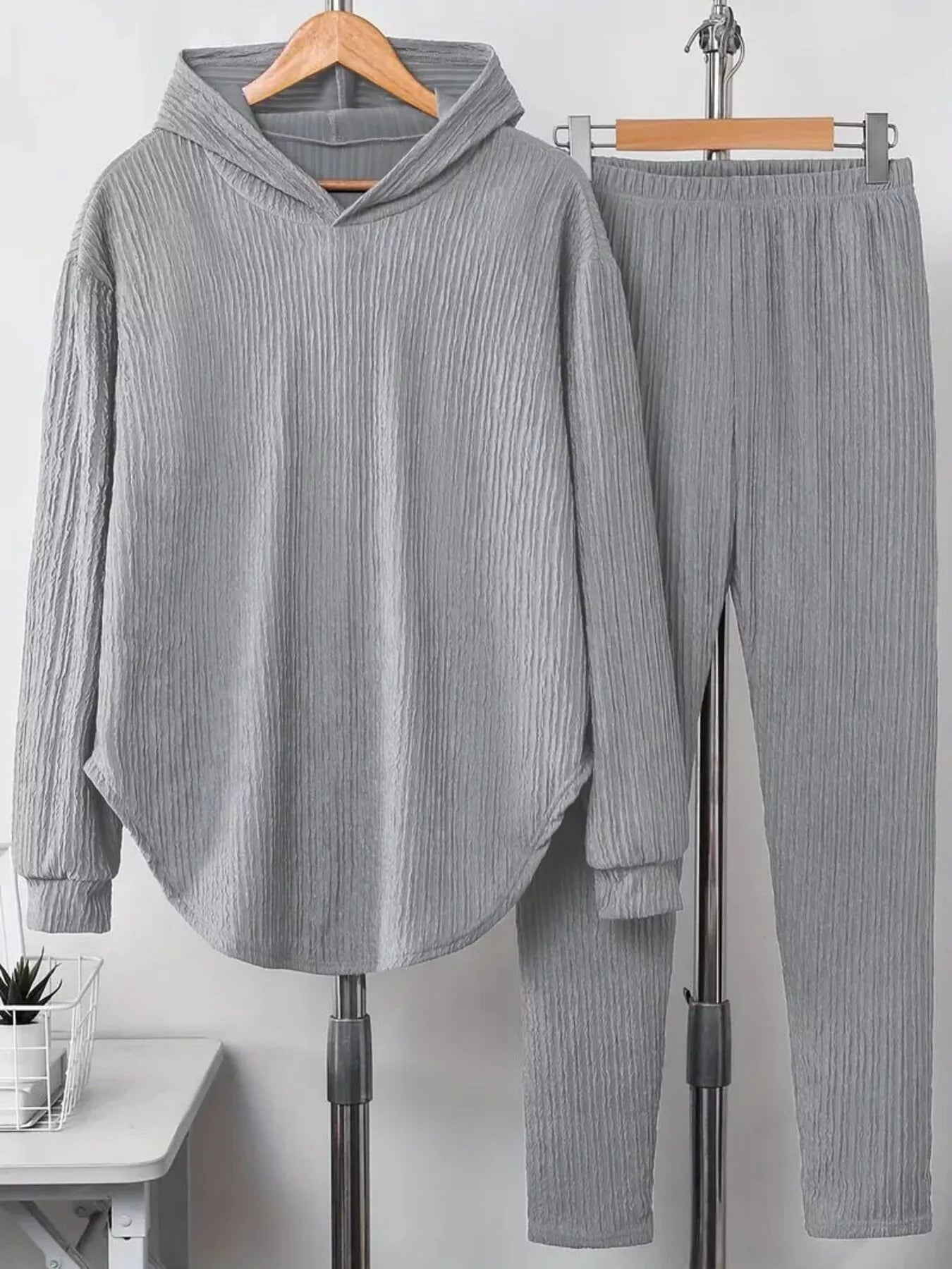 Sarah Express Women's Textured Long Sleeve Hoodie and Pants Set Light Gray