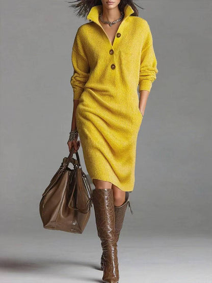 Sarah Express Women's Button-Front Sweater Dress - Warm Stand Collar V-Neck Pullover Yellow