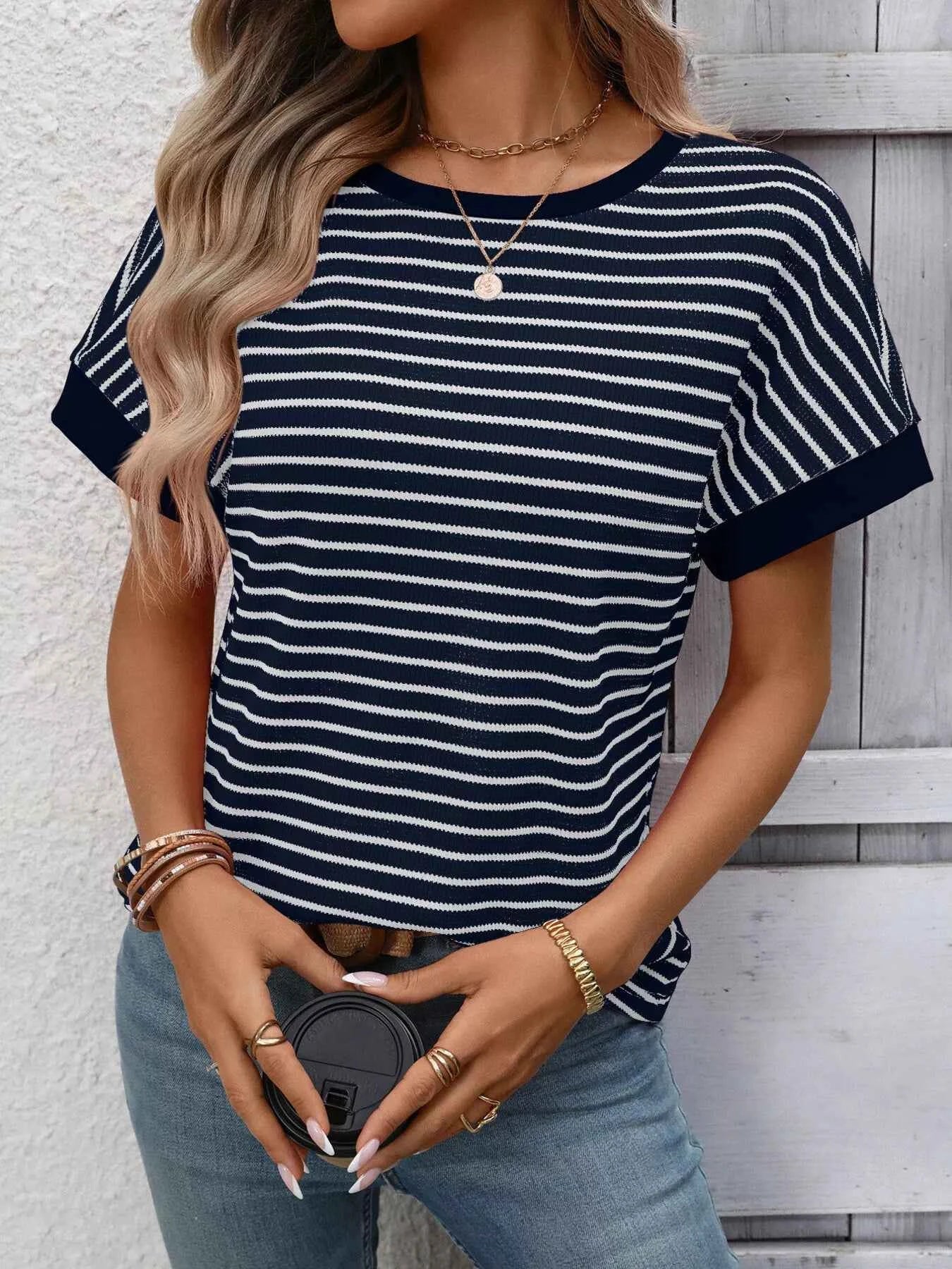 Sarah Express Women's Striped Ribbed Knit Short Sleeve T-Shirt Navy