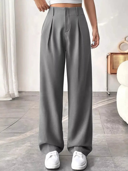 Sarah Express Women's Wide Leg Pleated Pants with Pockets Light Gray