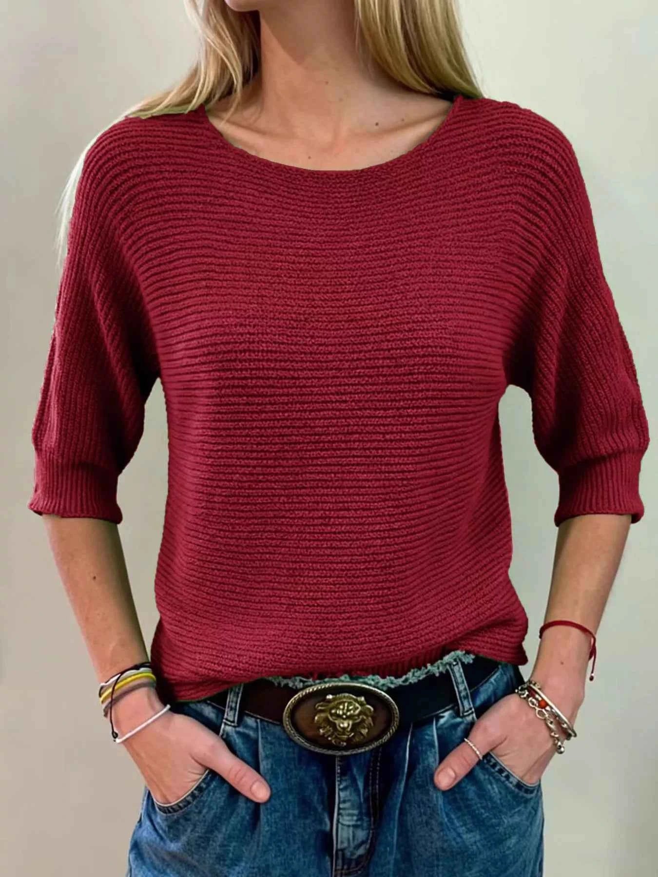 Sarah Express Women's Ribbed Knit Round Neck Sweater - Plus Size Available Red