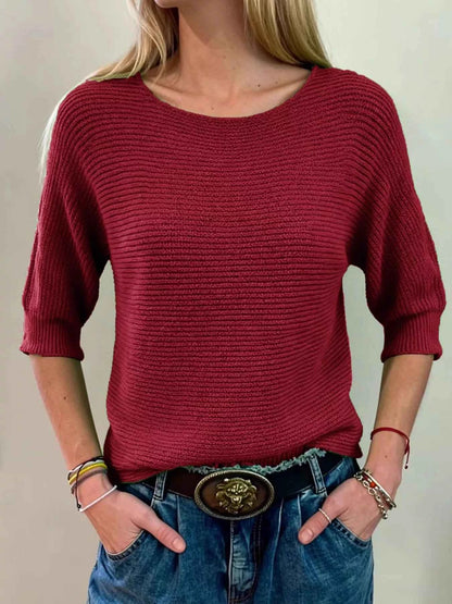 Sarah Express Women's Ribbed Knit Round Neck Sweater - Plus Size Available Red