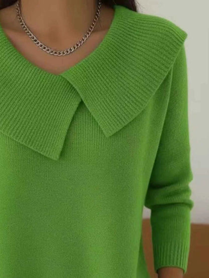 Sarah Express Women's Plus Size Solid Color Ribbed Hem Sweater - Casual Knitwear Top Light Green