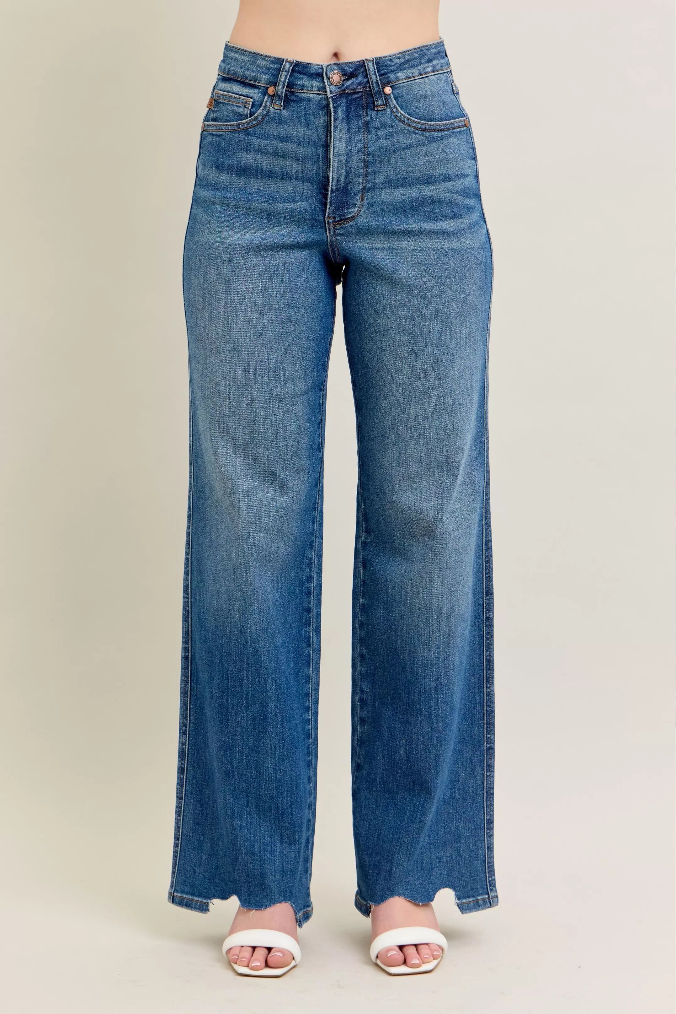 Sarah Express Women’s Plus Size High Rise Tummy Control Destroyed Wide Leg Jeans
