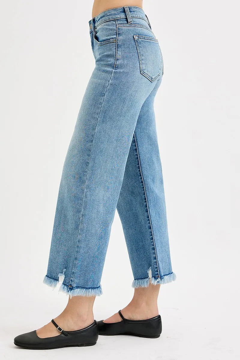 Sarah Express Women’s Plus Size Mid Rise Cropped Wide Leg Jeans with Raw Hem