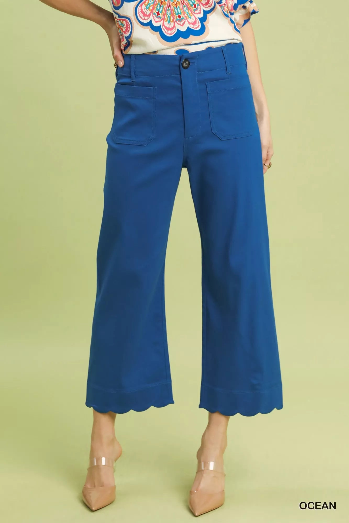 Sarah Express Women's Wide Leg Pants with Scallop Hem - High Waist Palazzo Pants OCEAN