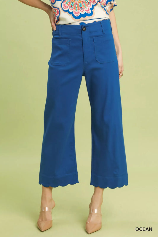 Sarah Express Women's Wide Leg Pants with Scallop Hem - High Waist Palazzo Pants OCEAN