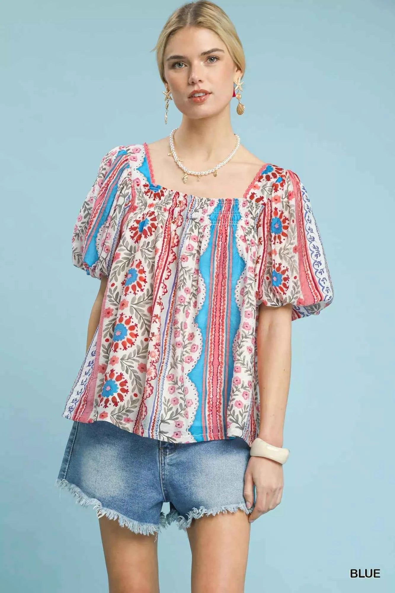 Sarah Express Women's Patchwork Puff Sleeve Smocked Blouse - Floral Stripe Square Neck Top Blue