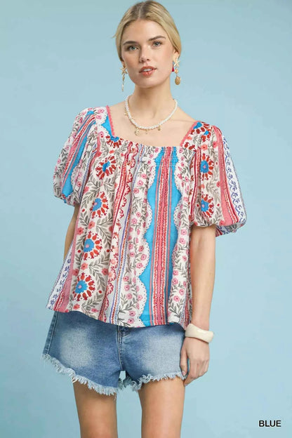 Sarah Express Women's Patchwork Puff Sleeve Smocked Blouse - Floral Stripe Square Neck Top Blue