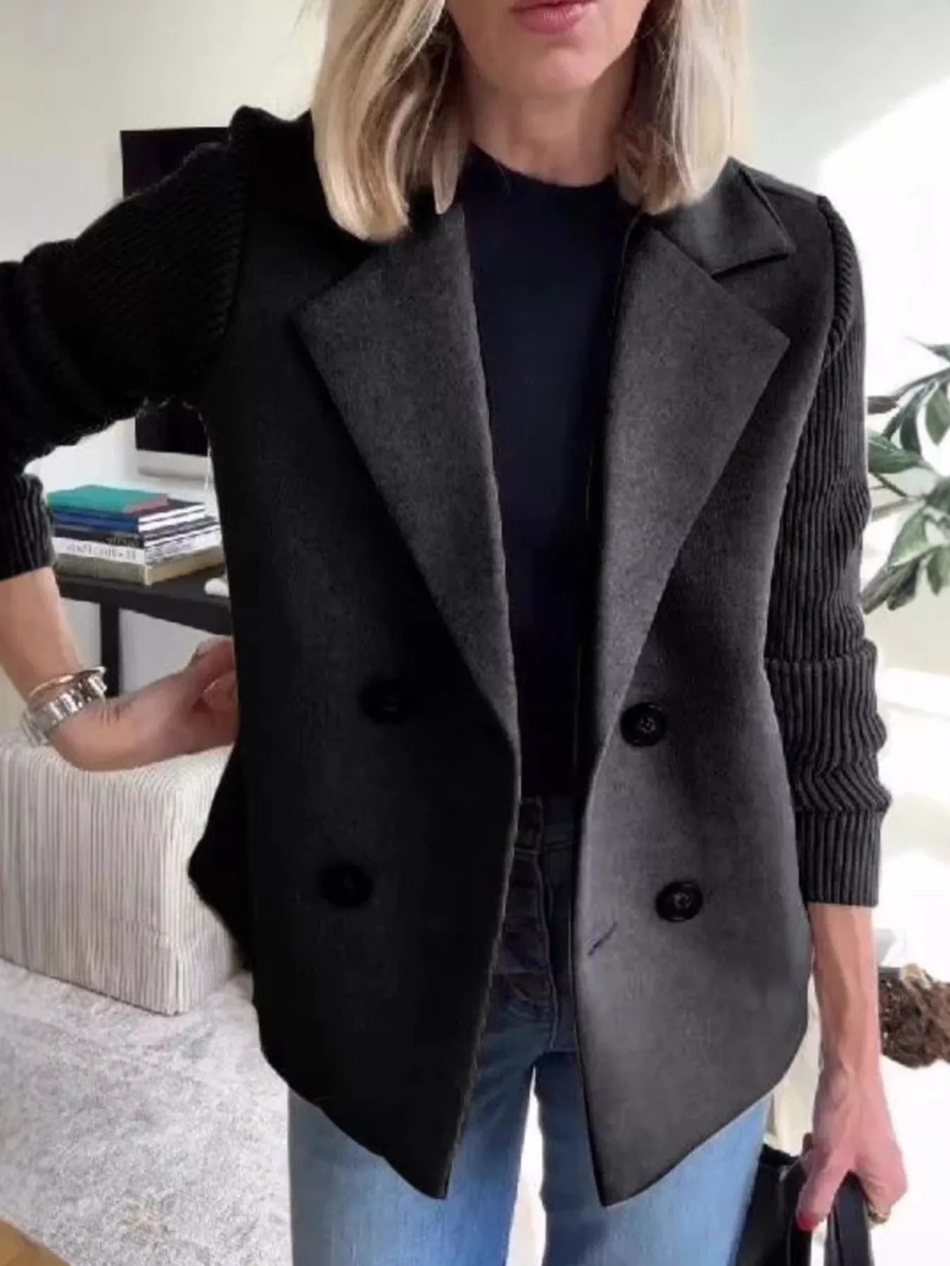 Sarah Express Women's Knit Sleeve Double-Breasted Outerwear Plus Size Black