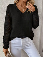 Sarah Express Women's Openwork V-Neck Long Sleeve Sweater