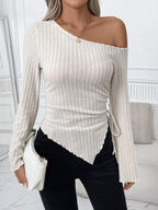 Sarah Express Women's Ribbed One Shoulder Asymmetrical Hem T-Shirt