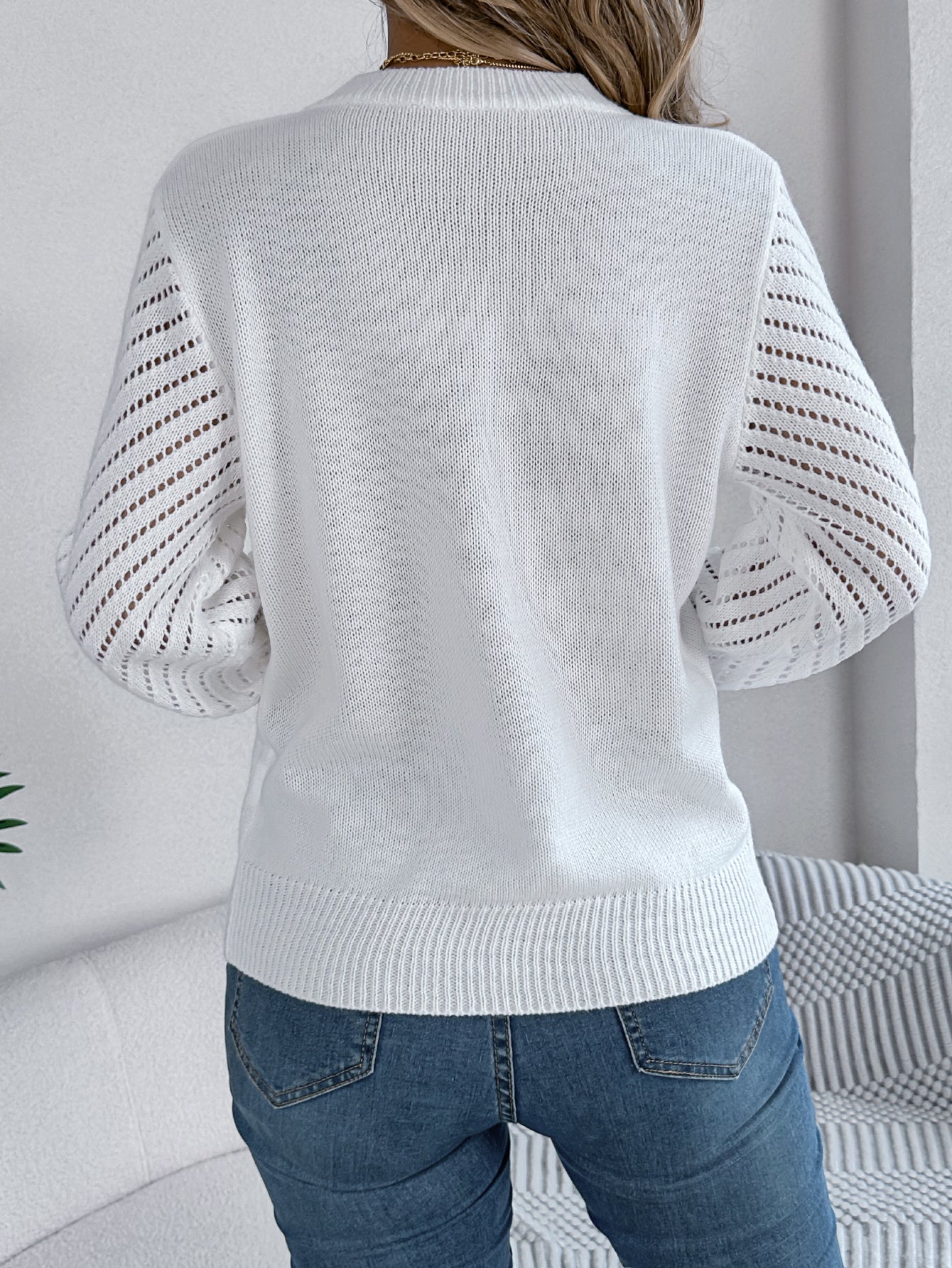 Sarah Express Women's Hollow Out Lantern Sleeve Sweater Crew Neck Casual Knit Top