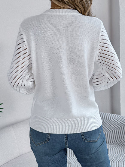 Sarah Express Women's Hollow Out Lantern Sleeve Sweater Crew Neck Casual Knit Top