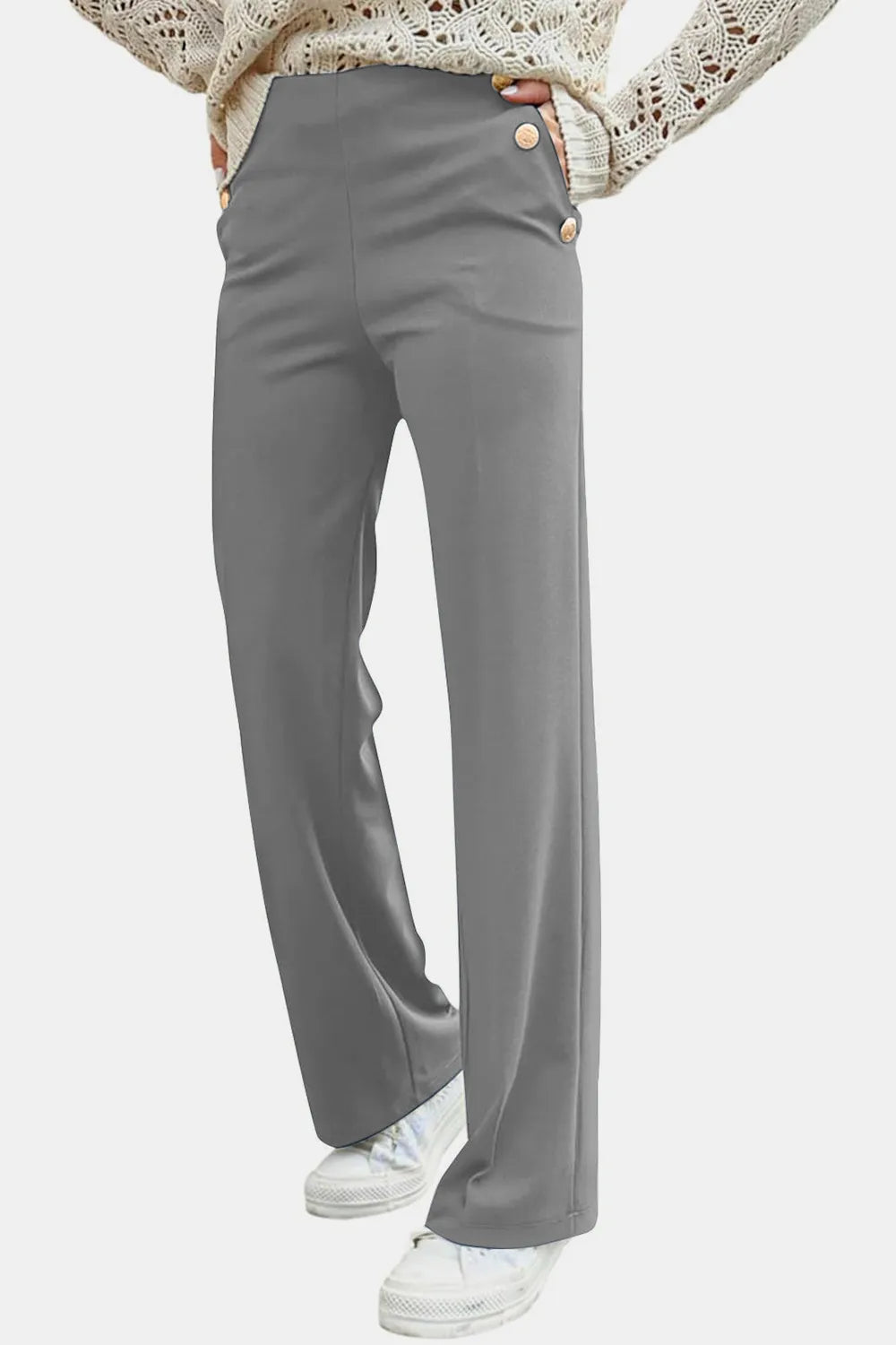 Sarah Express Women's Decorative Button High Rise Pants Gray