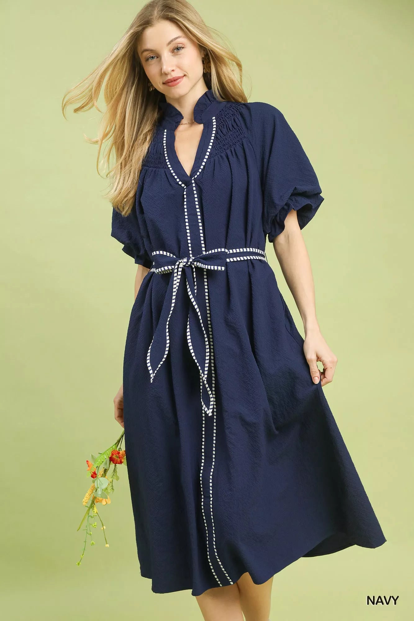 Sarah Express Women's Ruffle Collar Midi Dress with Stripe Trim NAVY