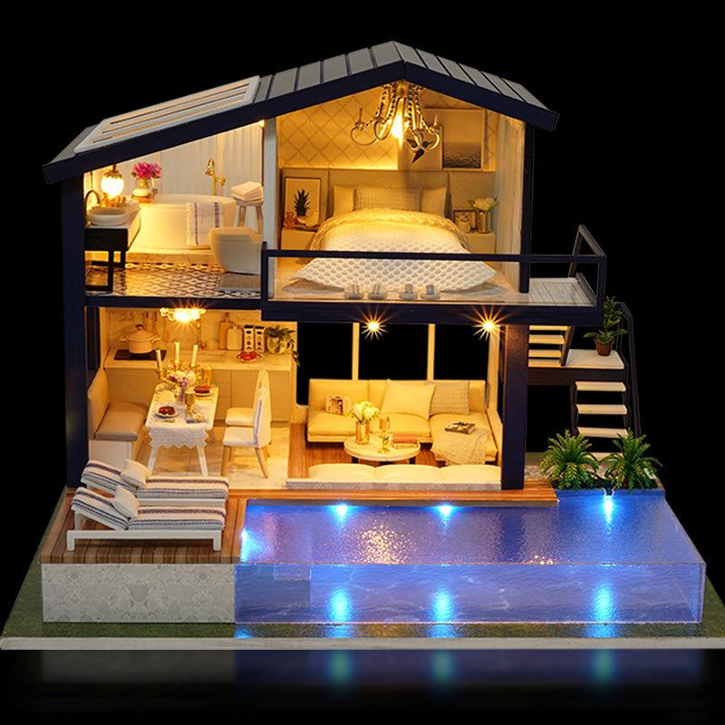 DIY Miniature Dollhouse Kit with LED Lights - 3D Wooden Furniture Assembly Puzzle for Kids and Adults