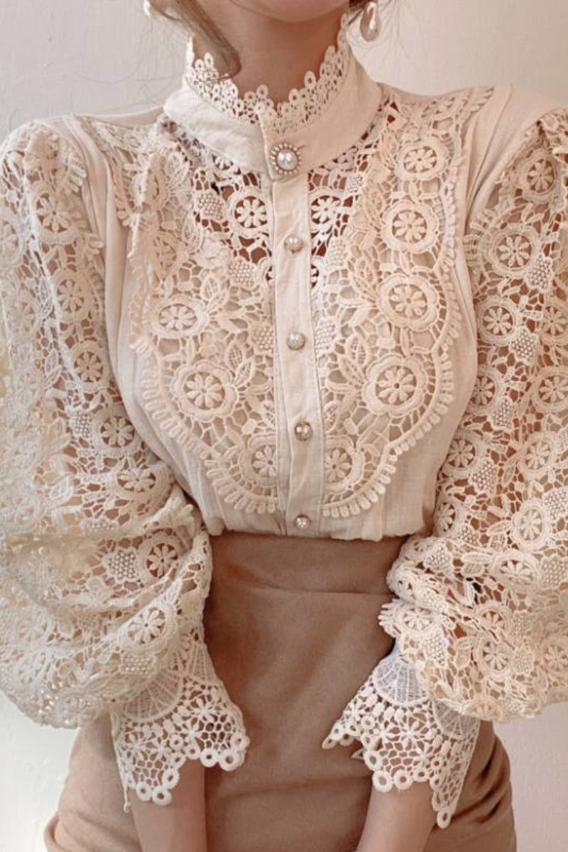 Sarah Express Women's Lace Stand Collar Blouse Long Sleeve Puff Sleeve Shirt