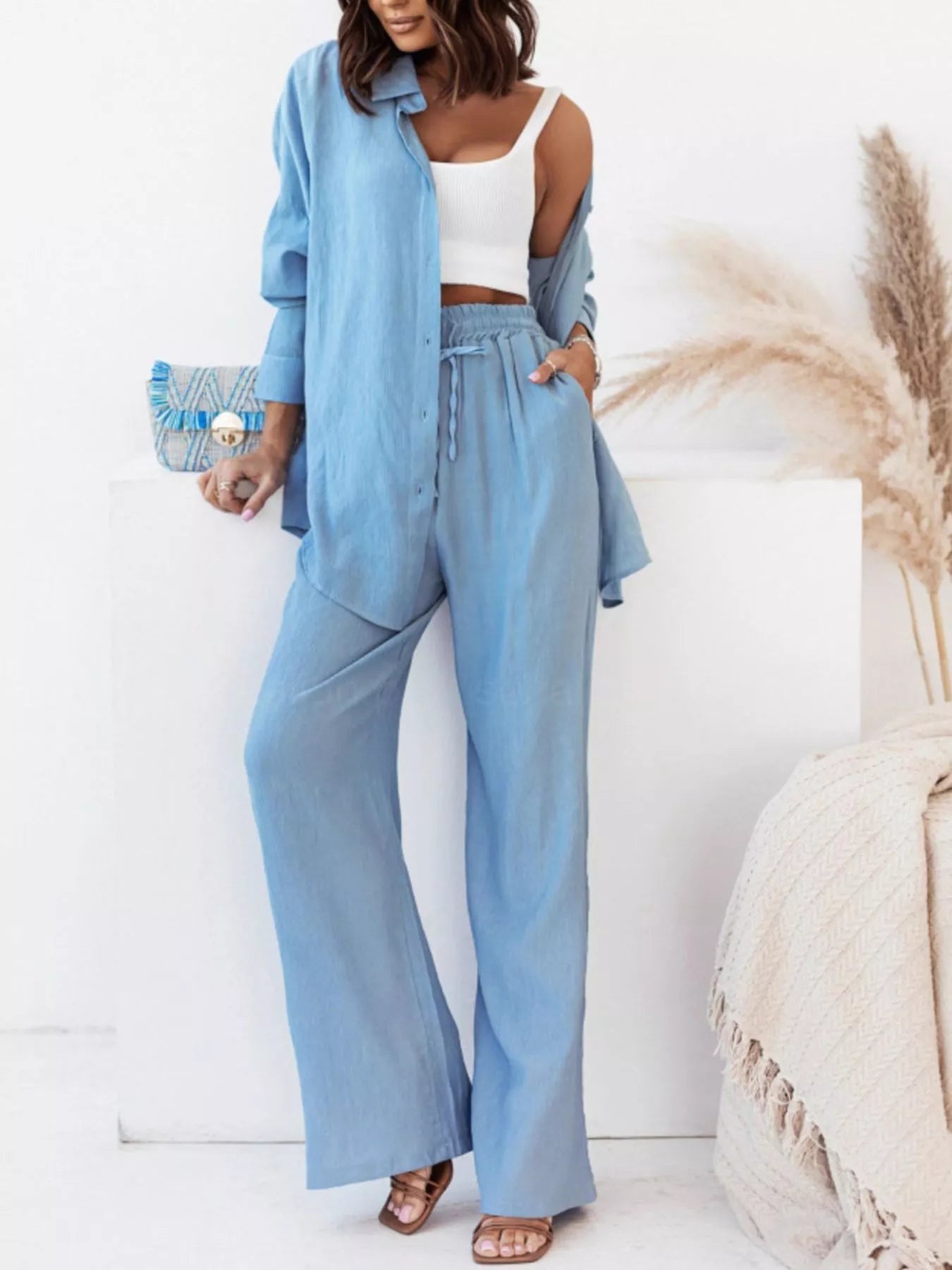 Sarah Express Women's Plus Size Button Up Shirt and Pants Two-Piece Set - Relaxed Fit Casual Outfit Sky Blue