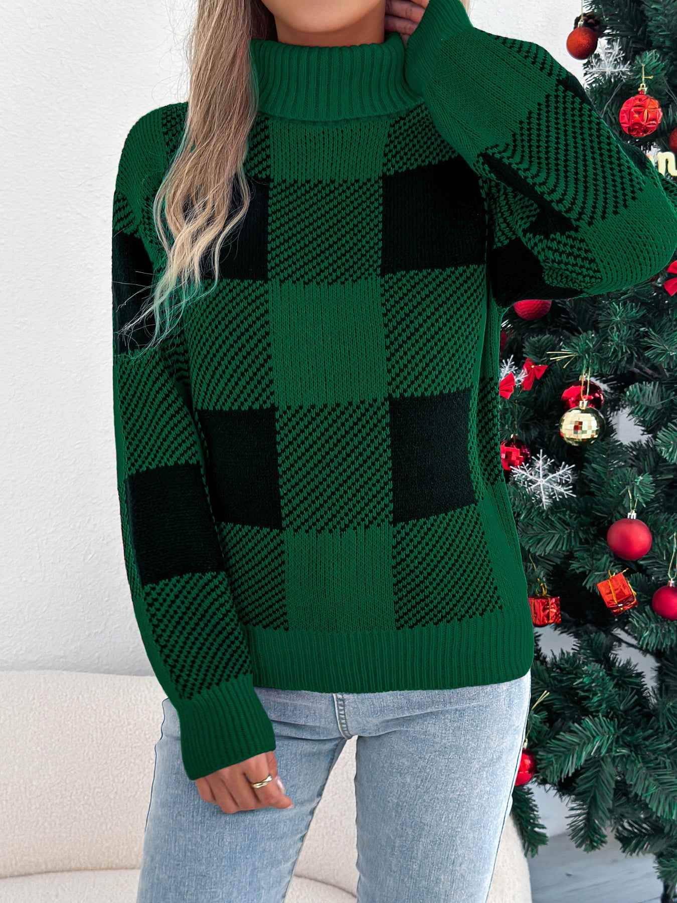 Sarah Express Women's Color Block Plaid Turtleneck Sweater - Lantern Sleeve Pullover