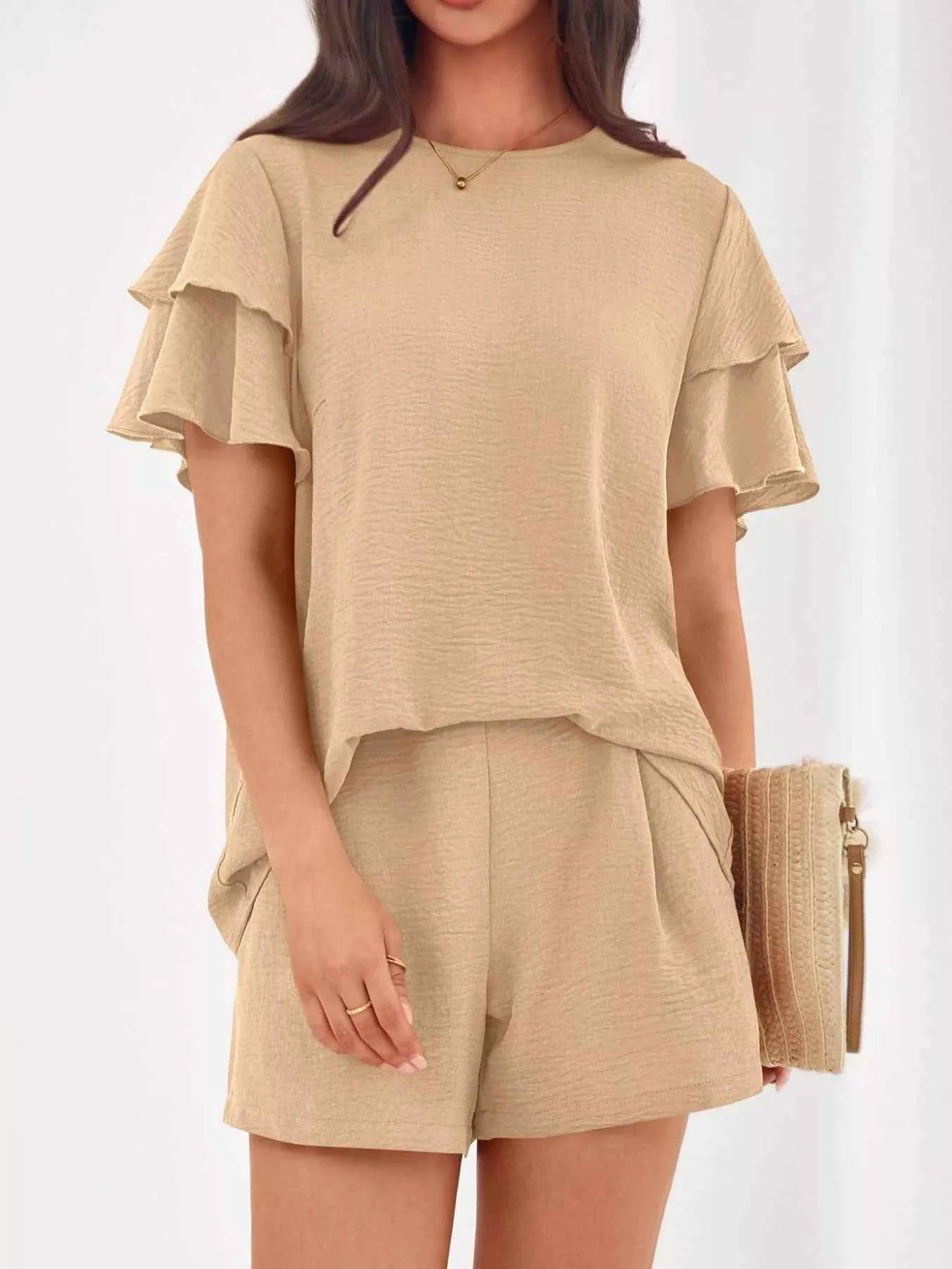 Sarah Express Women's Ruffle Sleeve Top and Shorts Two-Piece Set - Casual Summer Outfit