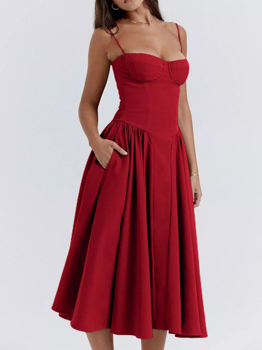 Sarah Express Women's Sweetheart Neck Midi Cami Dress with Pockets - Ruched Sleeveless Dress Deep Red