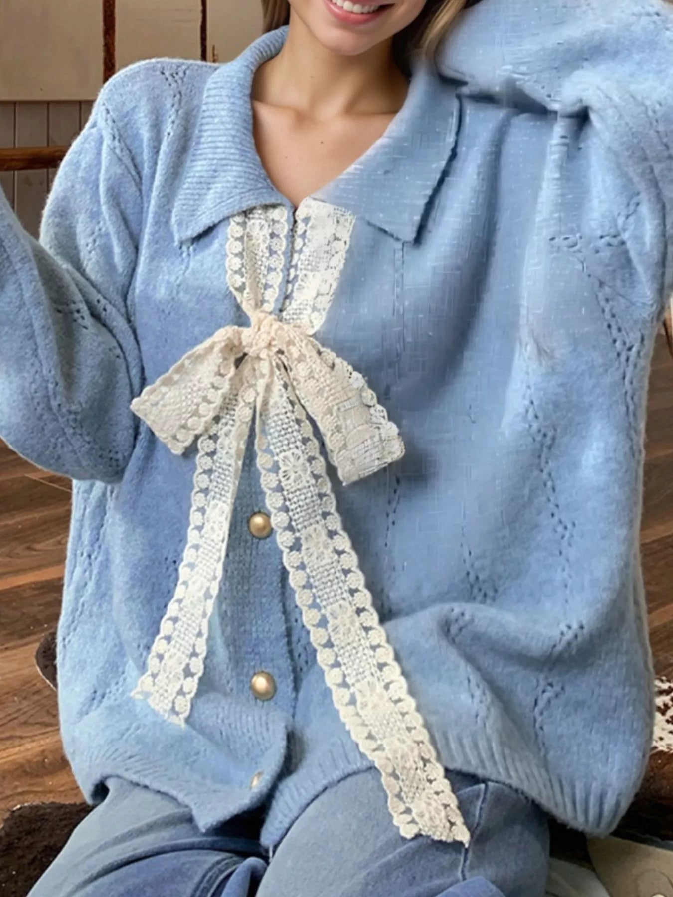 Sarah Express Women's Lace Tie Button Up Cardigan