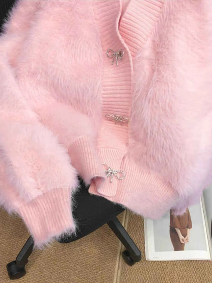 Sarah Express Women's Fuzzy Bow Button Up Cardigan - Cozy Knit Sweater