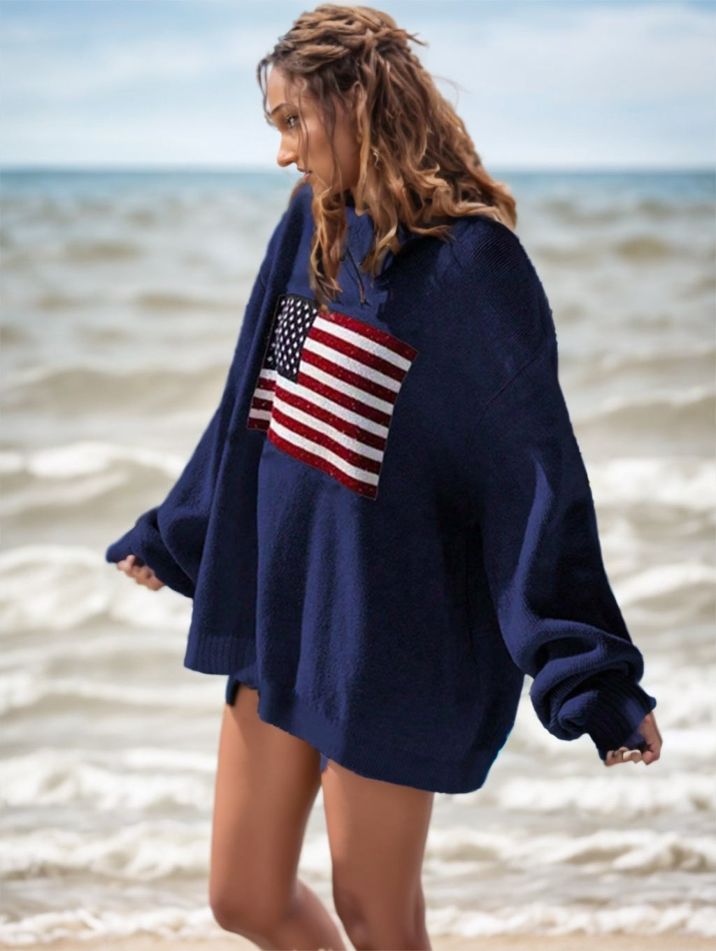 Sarah Express USA Flag Drop Shoulder Long Sleeve Sweater Women