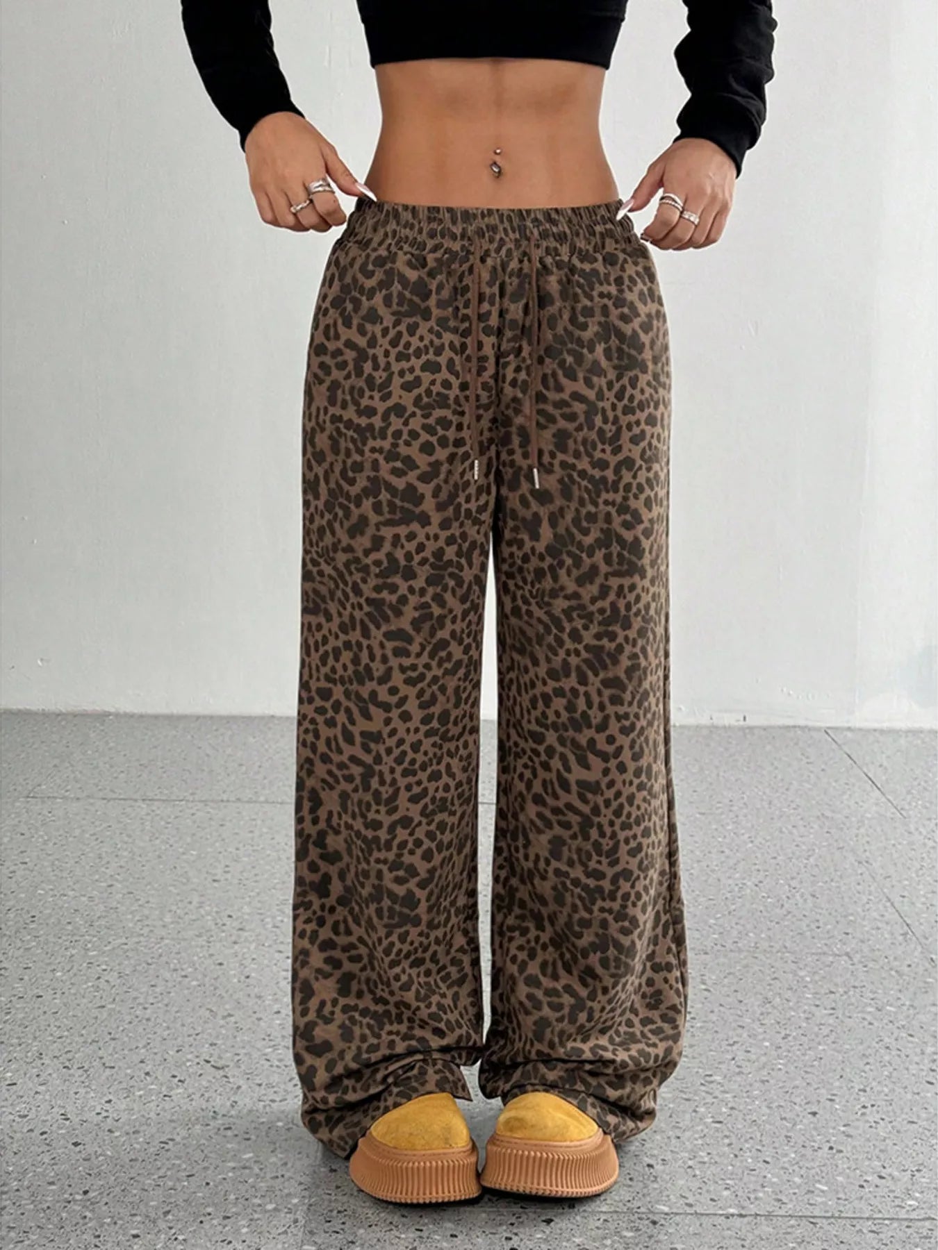 Sarah Express Women's Leopard Print Wide Leg Pants - Drawstring Casual Bottoms
