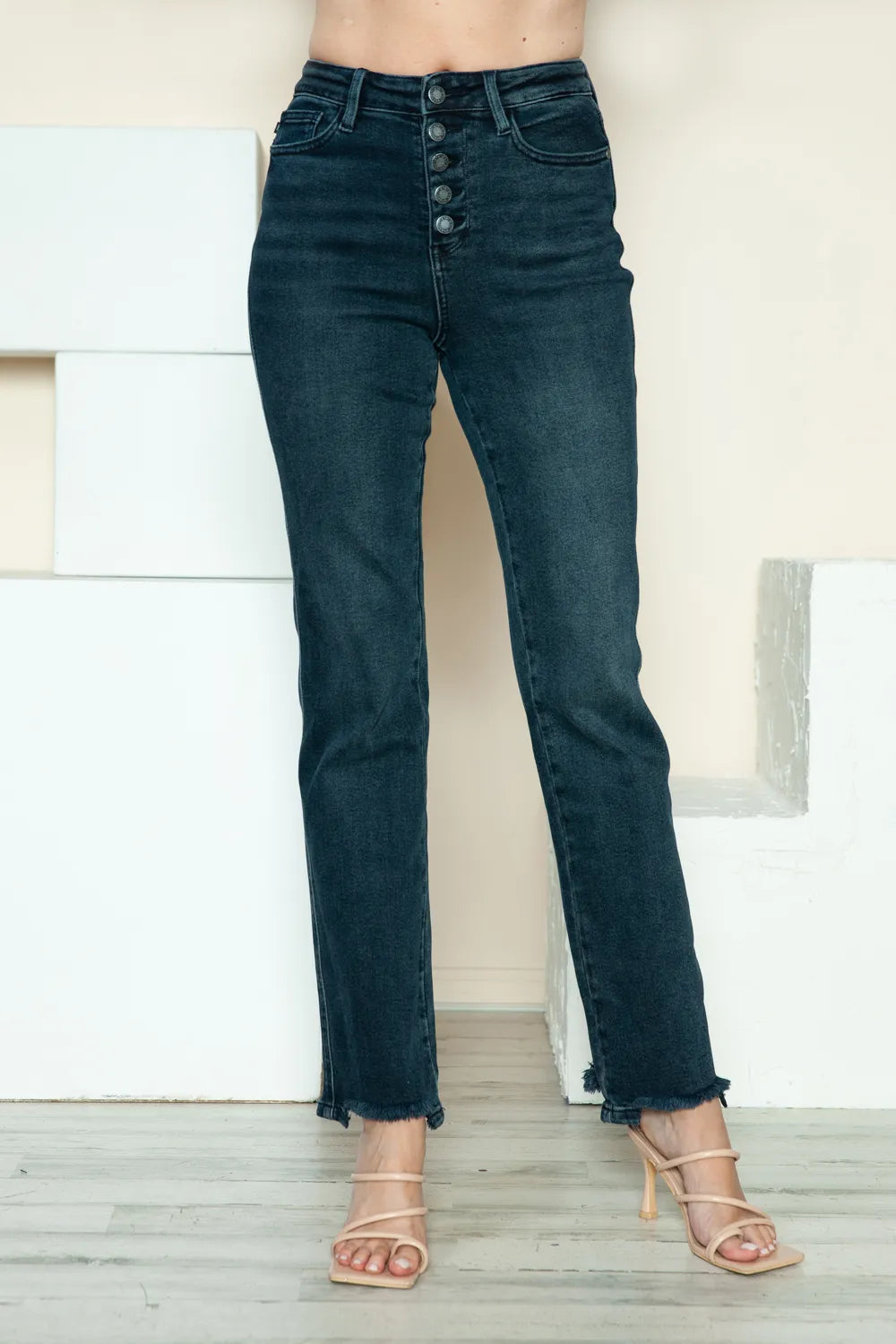 Sarah Express Women’s Plus Size High Rise Distressed Button Fly Straight Jeans
