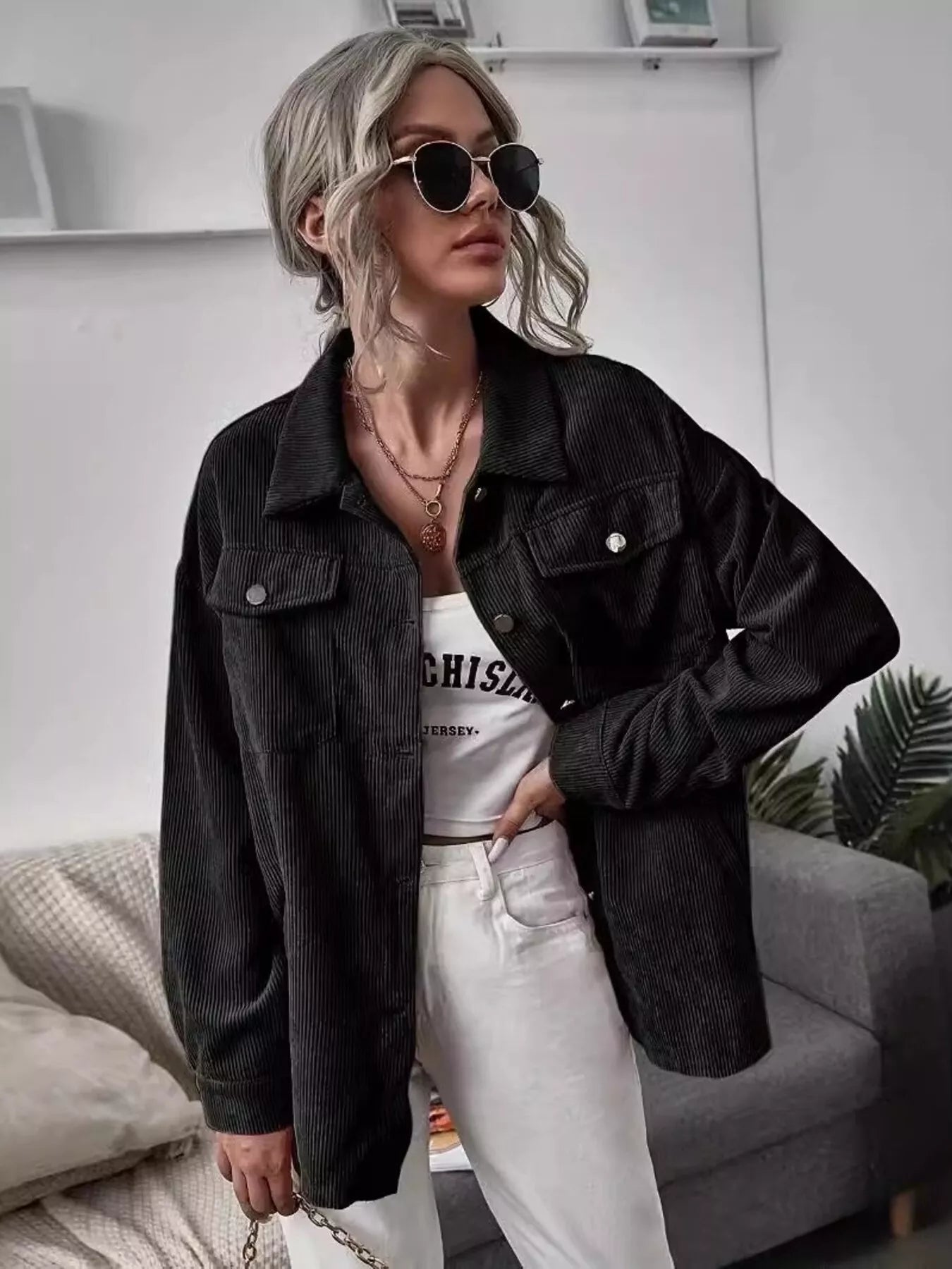 Sarah Express Women's Corduroy Button Up Shacket Jacket with Pockets Black