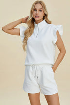 Sarah Express Women’s Plus Size Textured Flounce Sleeve Top and Shorts Set