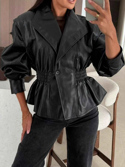 Sarah Express Women's Peplum Waist Faux Leather Jacket - Ruched Button Front Moto Jacket