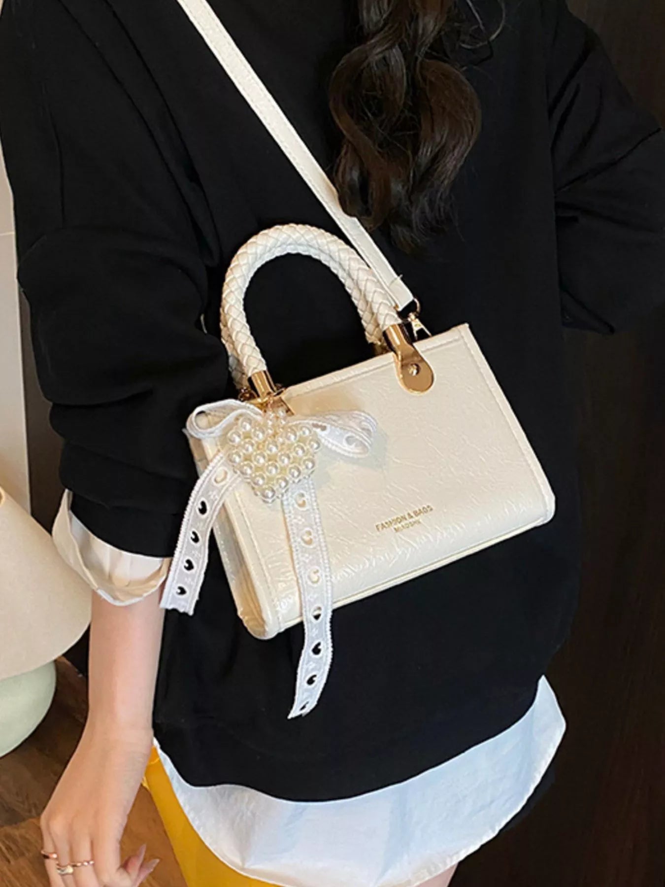 Sarah Express Women's Mini Crossbody Bag with Pearl Decor & Braided Handle