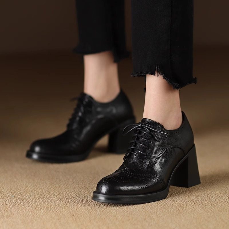 Sarah Express Women's British-Style Round-Toe Chunky Heel Pumps | Cross-Tie Strap Dress Shoes Black