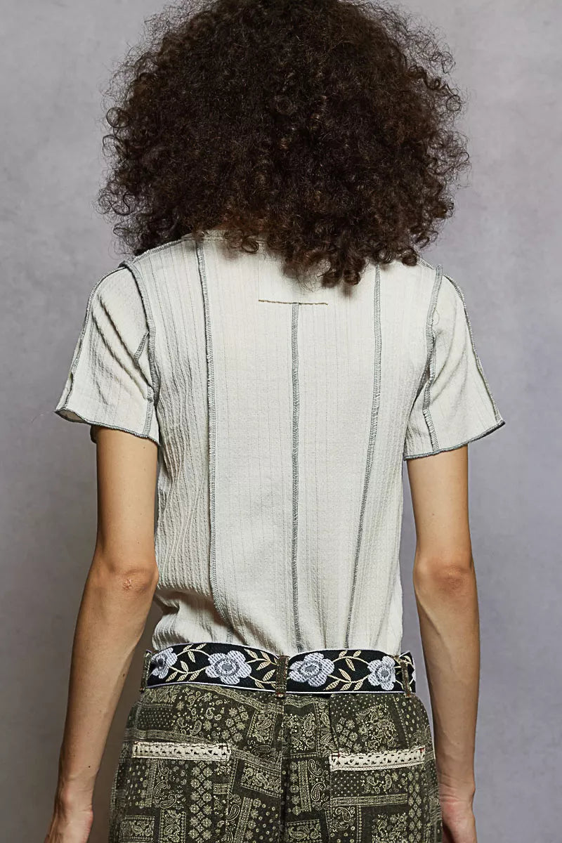 Sarah Express Women's V-Neck Short Sleeve Top with Stitch Seam Detail