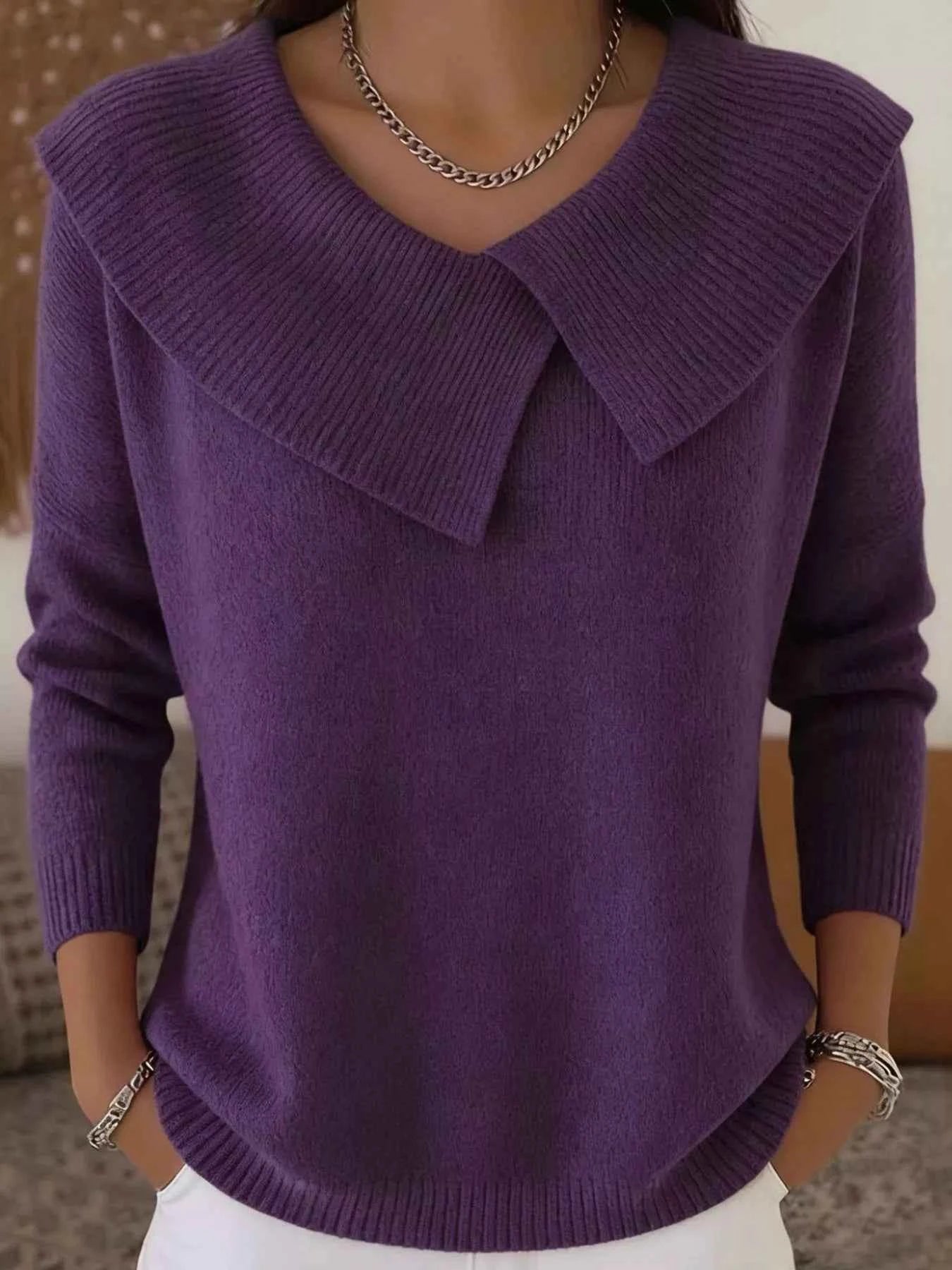 Sarah Express Women's Plus Size Solid Color Ribbed Hem Sweater - Casual Knitwear Top