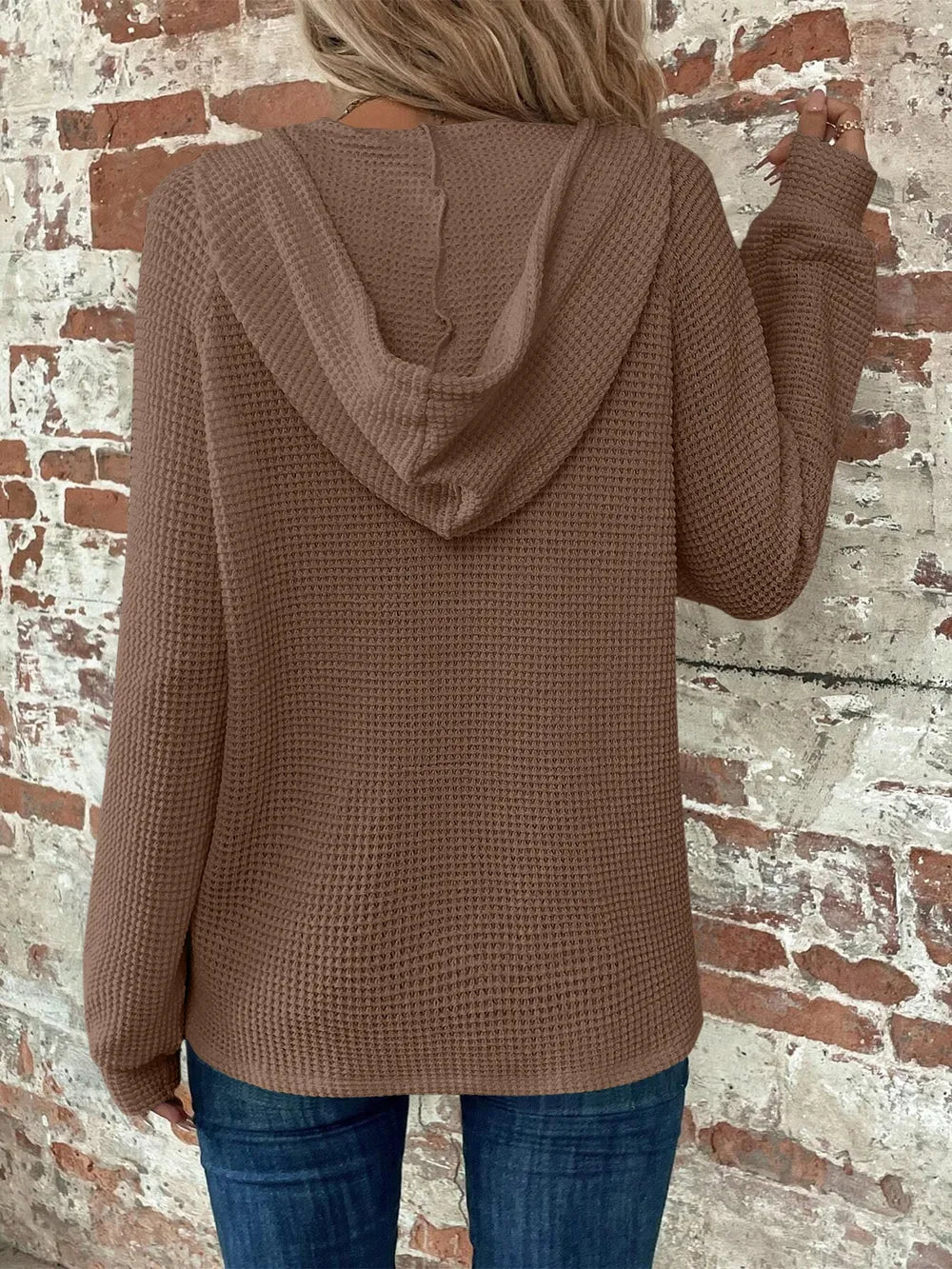 Sarah Express Women's Waffle Knit Long Sleeve Drawstring Hooded Top