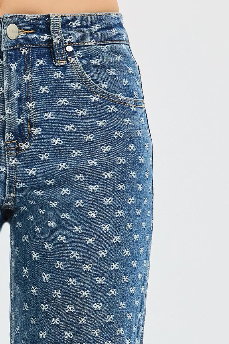 Sarah Express Women’s High Rise Wide Leg Jeans with Bow Embroidery

