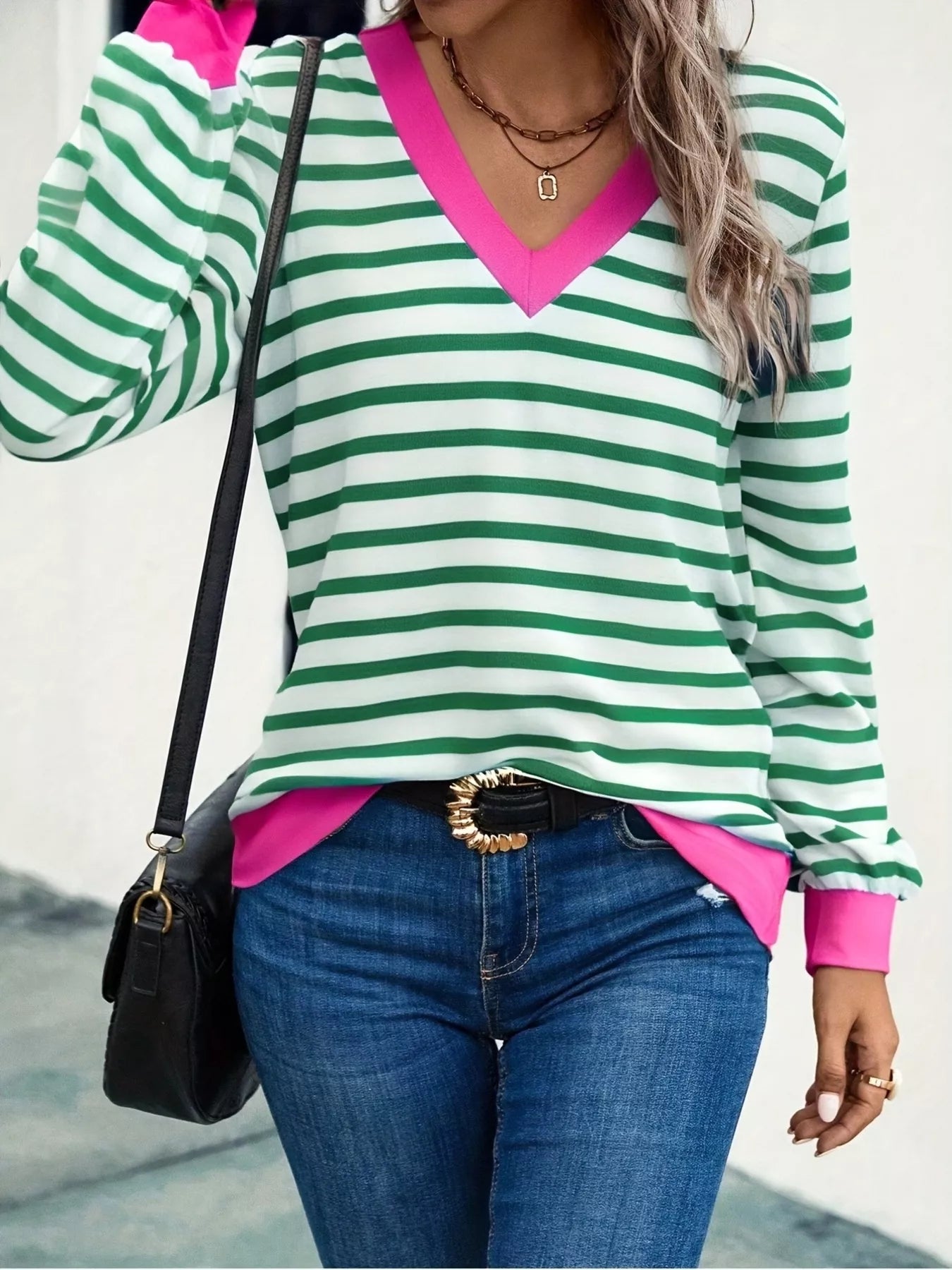 Sarah Express Women's Striped V-Neck Long Sleeve T-Shirt Green