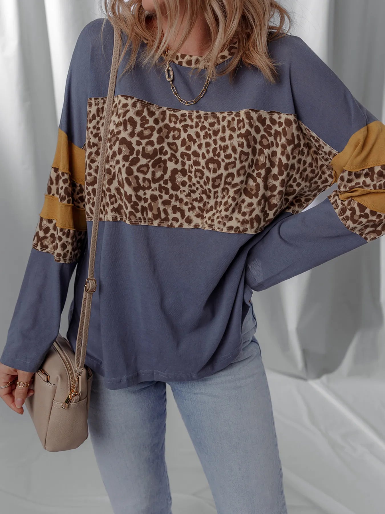 Sarah Express Women's Leopard Color Block Long Sleeve Drop Shoulder Top