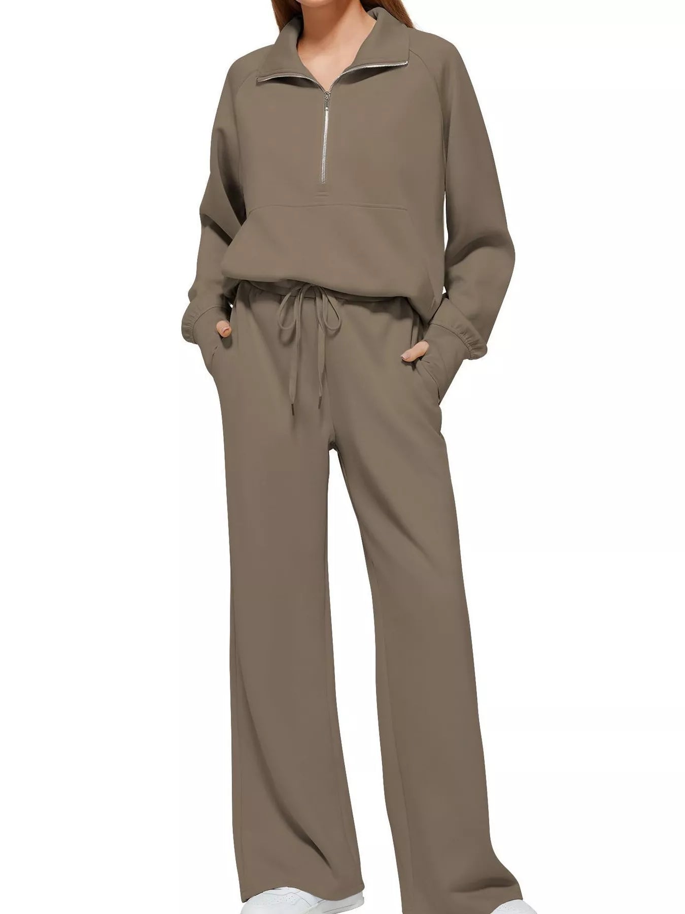Sarah Express Women's Half-Zip Sweatshirt and Wide-Leg Pants Set Plus Size Khaki